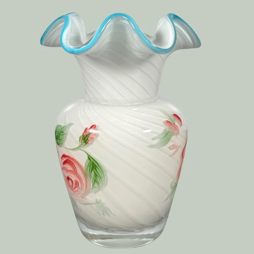 Fenton Cabbage Rose Opalescent Swirl Glass Vase Ruffled Blue Crest 6.5